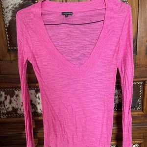 Express, deep V long sleeve top, pink, medium
